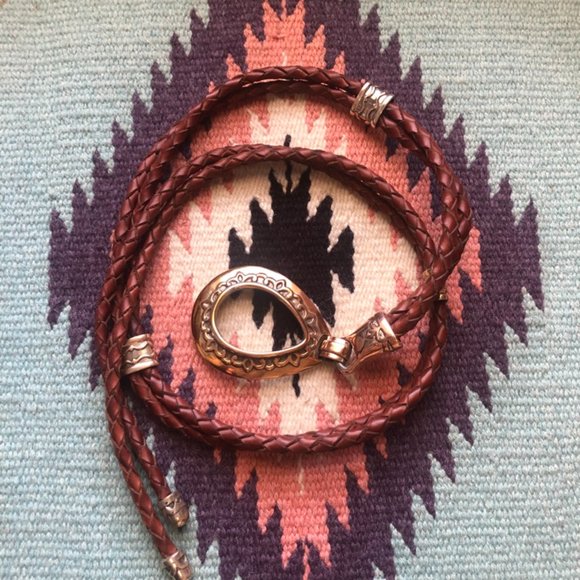 Vintage leather woven belt with brass accents. (BO7) main image 10